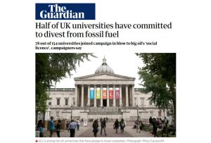 due to global warming and climate change - Half of UK universities have committed to divest from fossil fuel